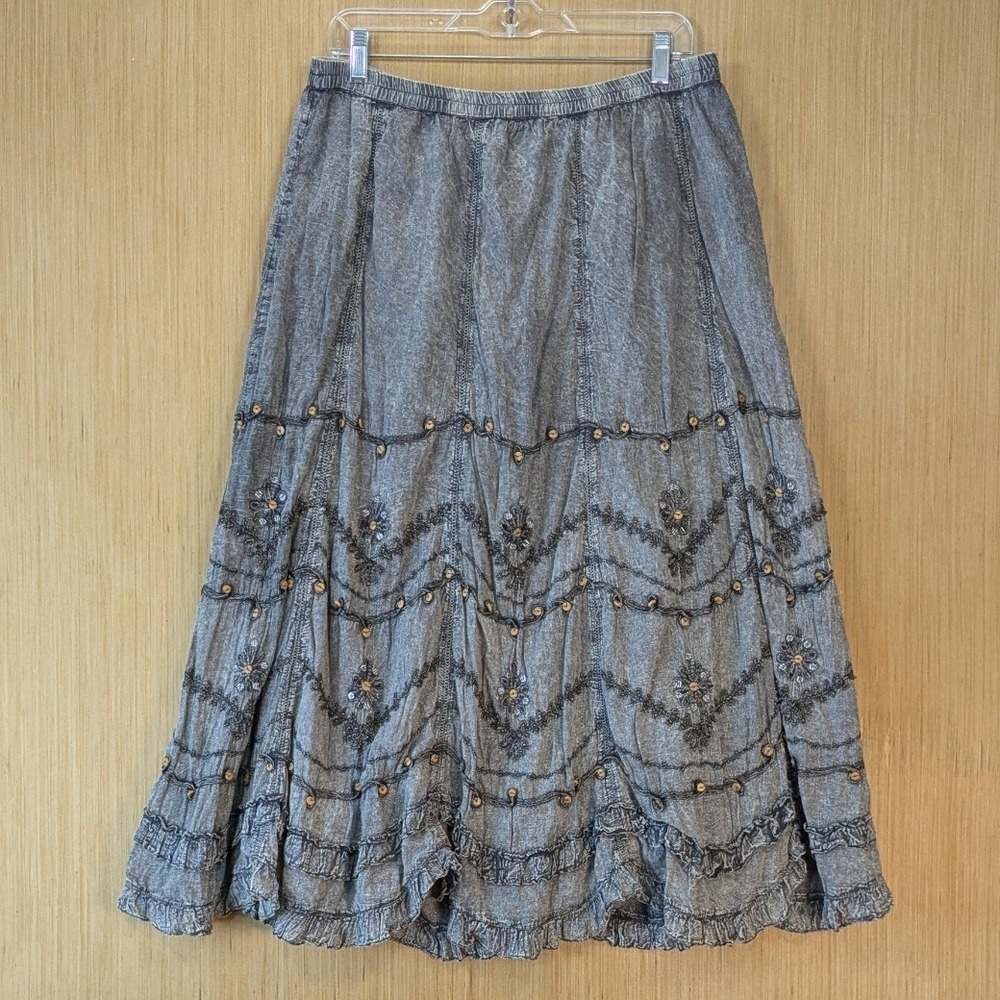 Soft Surroundings Grey Acid Wash Boho Broomstick Maxi Skirt Sequin Petite Large